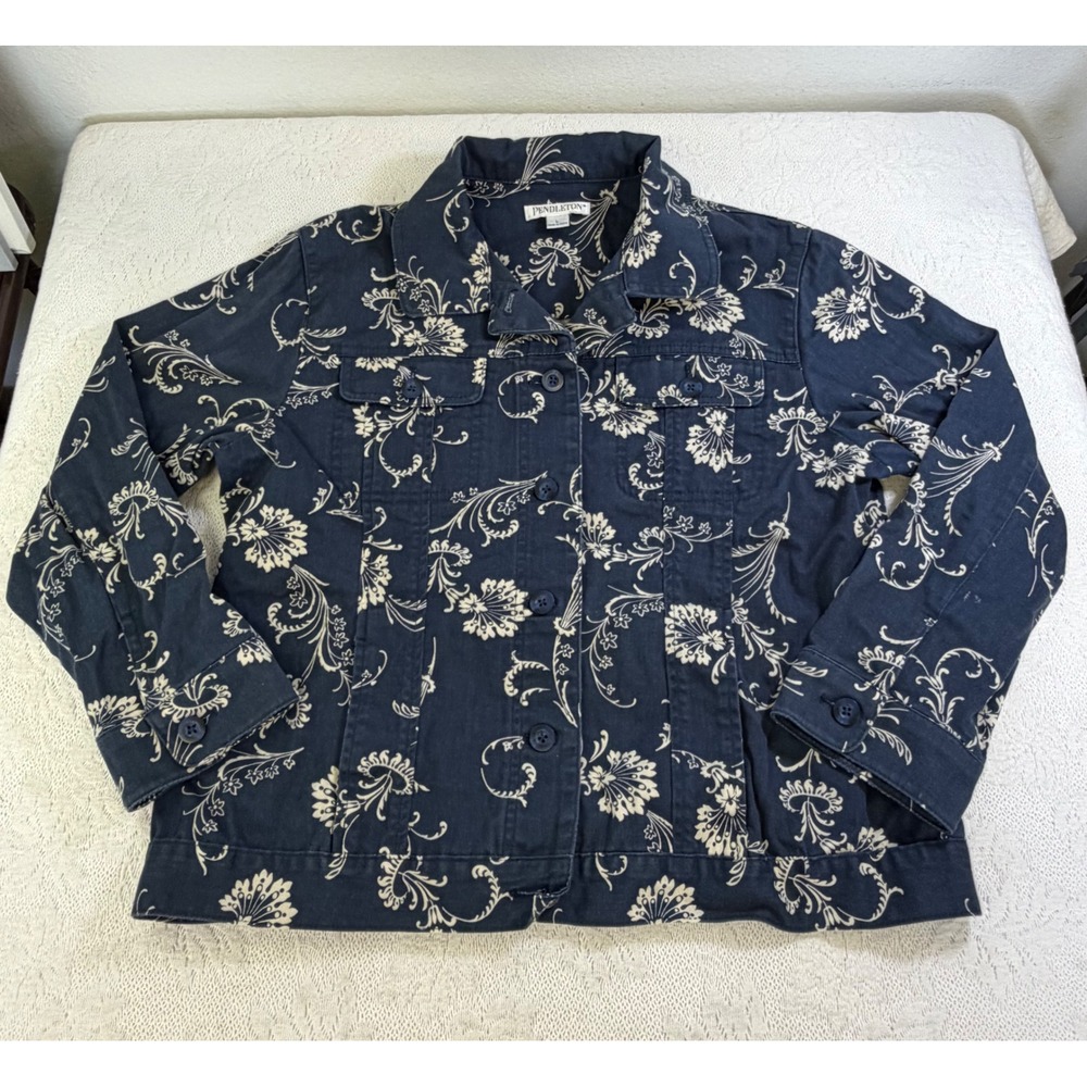 Pendleton Navy Blue Floral Denim Chore Jacket Womens Large Cottagecore Utility